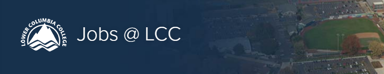 Aerial view of Lower Columbia College campus with a baseball field and parking lot, featuring the text 